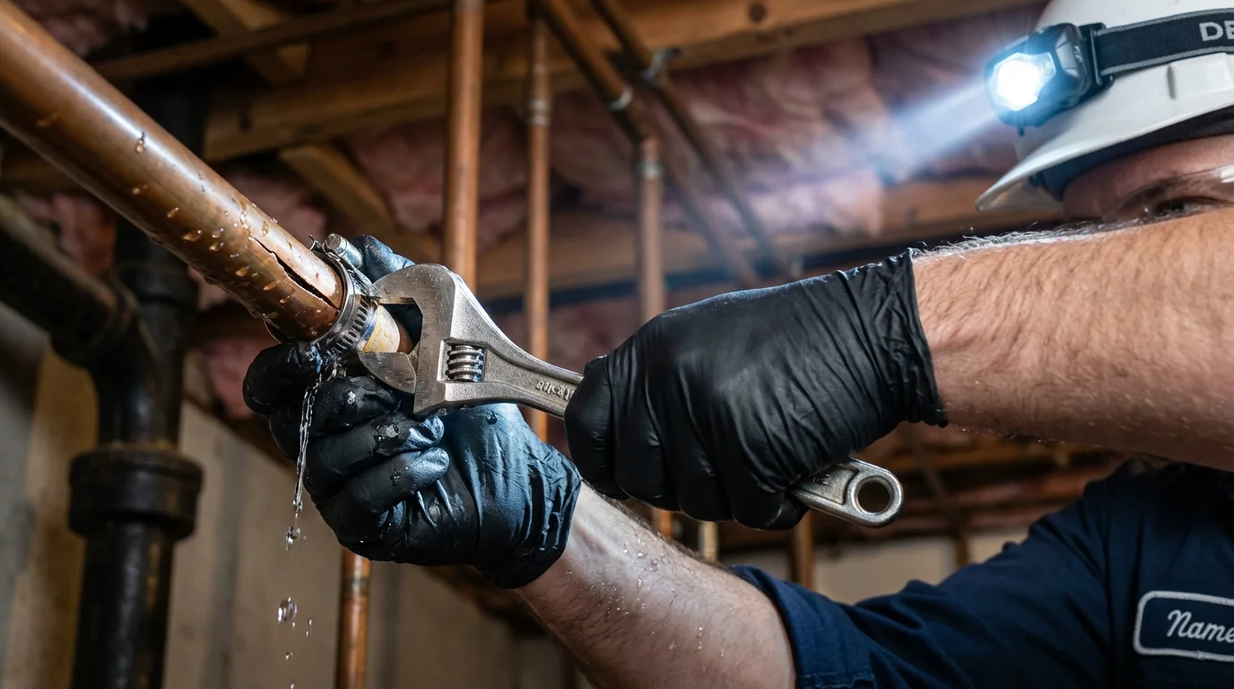 Emergency pipe clamp repair being performed by a Johns Plumbing LLC plumber in Sun City