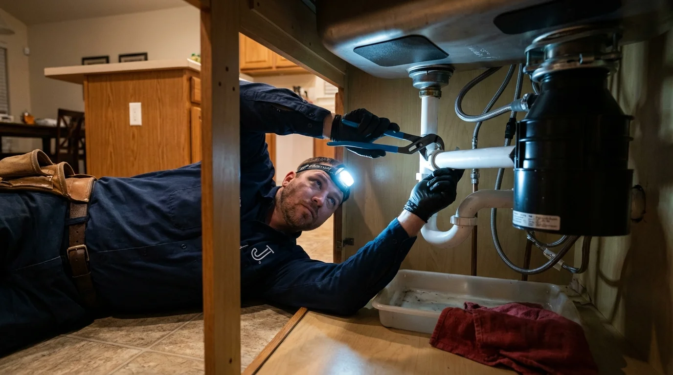 P-trap and supply line connections under a kitchen sink showing a common leak point in Sun City, AZ